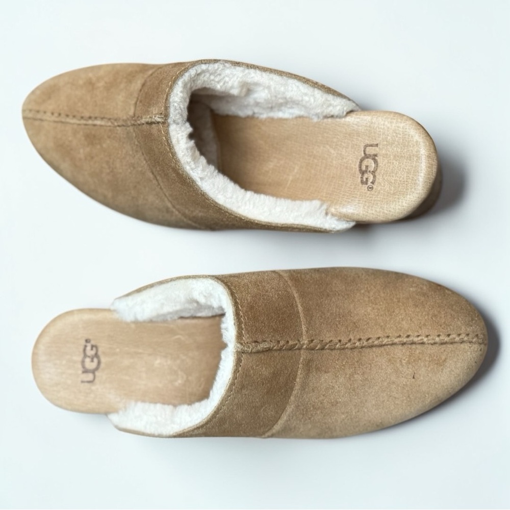 UGG Chestnut Brown Suede Kassi Sherpa Lined Slip On Clogs Heels Size 6 - Picture 6 of 11